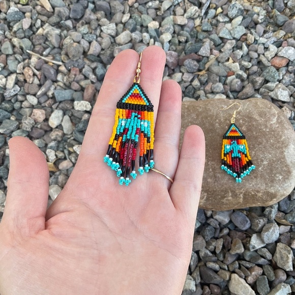 Native Thunderbirds Beaded Earrings with Fringe, New, Handmade by Me - Picture 4 of 6